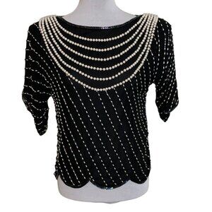 Jasmine by KVM Pearl Beaded Black Top Size S Shimmer Vintage Chic 80s Retroglam